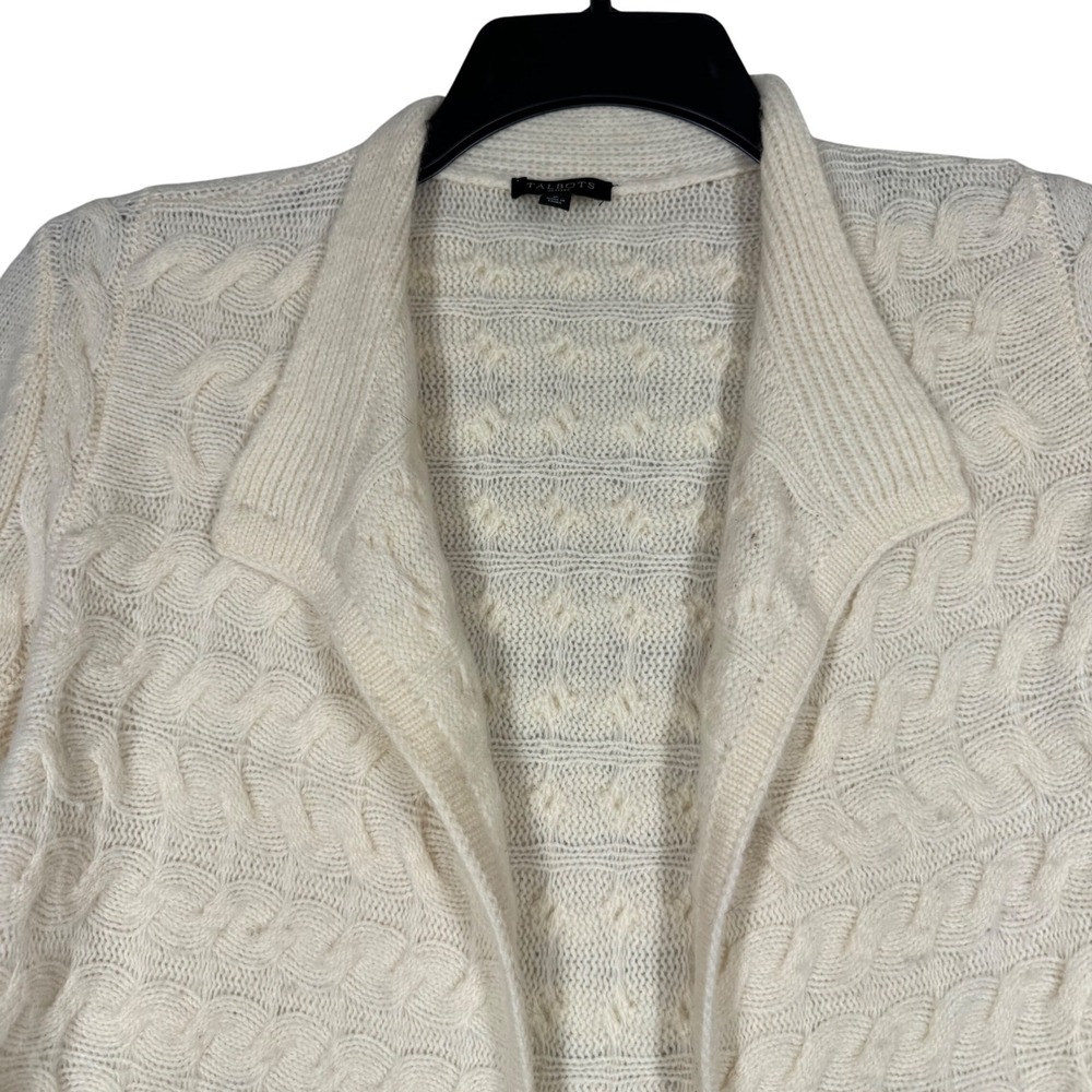 Talbots Petites Cable Knit Open Front Cardigan Women's Small Cream Wool Cashmere - Picture 2 of 9